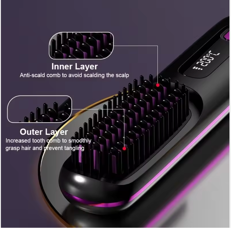 Brosse à cheveux sans fil Peigne à lisser anti-brûlure et anti-frisottis Brosse à lisser avec 3 réglages de température!!