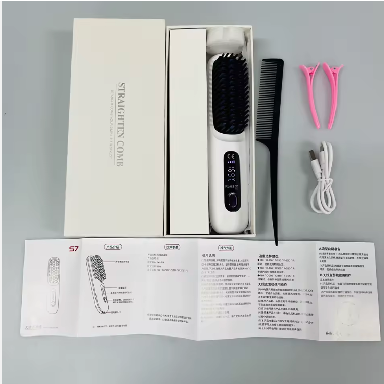 Brosse à cheveux sans fil Peigne à lisser anti-brûlure et anti-frisottis Brosse à lisser avec 3 réglages de température!!
